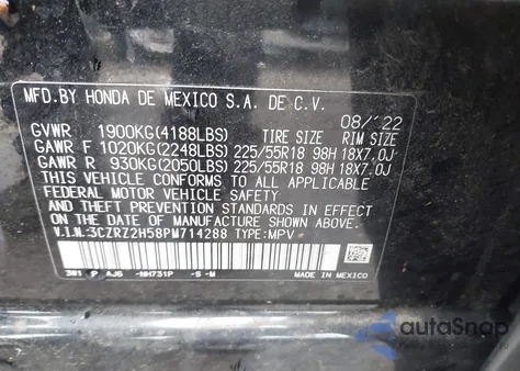 2023 Honda Hr-V Awd Sport z USA, uszkodzony, nr VIN 3CZRZ2H58PM714288